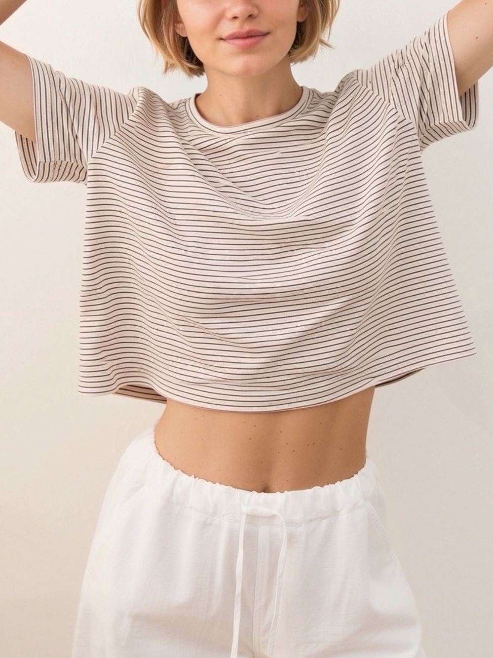 Marine Layer | Women’s Cropped Slub-Knit Cotton Tee | Brown Cream Striped | M